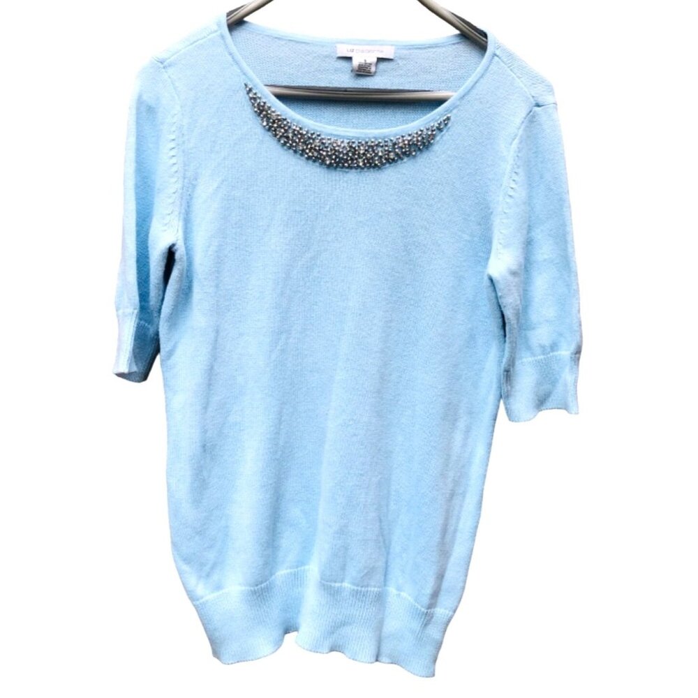 Liz Claiborne Embellished Light Blue 3/4 Sleeve Sweater Womens Sz S Cotton Blend